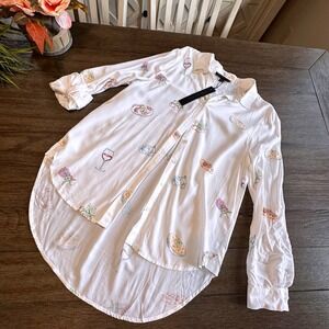 Jane + Delancy Women's M White Italian Food Wine Print Button Up Shirt Top